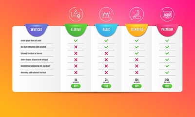 Poster - Innovation, Stock analysis and Certificate icons simple set. Comparison table. Statistics sign. Crowdfunding, Business trade, Best employee. Financial report. Business set. Pricing plan. Vector