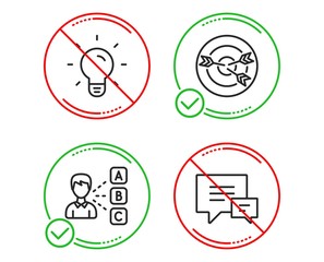Poster - Do or Stop. Light bulb, Targeting and Opinion icons simple set. Comment sign. Lamp energy, Target with arrows, Choose answer. Talk bubbles. Education set. Line light bulb do icon. Prohibited ban stop