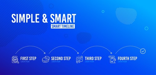 Poster - Infographic timeline. Pie chart, Check article and Architectural plan icons simple set. Report sign. 3d graph, Magnifying glass, Technical project. Work analysis. Education set. 4 steps layout. Vector