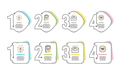 Poster - Mail correspondence, Inspiration and Report icons simple set. Tips sign. E-mail newsletter, Creativity, Presentation chart. Quick tricks. Education set. Infographic timeline. Vector