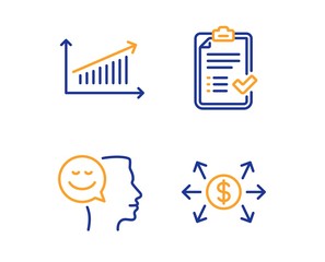 Poster - Good mood, Approved checklist and Chart icons simple set. Dollar exchange sign. Positive thinking, Accepted message, Presentation chart. Payment. Education set. Linear good mood icon. Vector