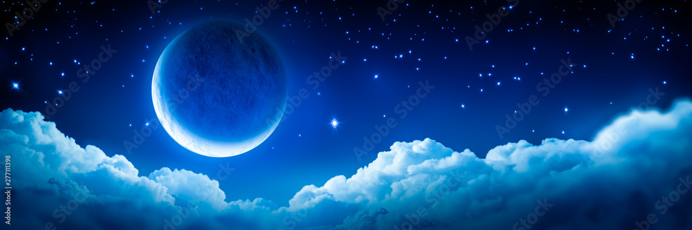 Banner Of Bright Glowing Crescent Moon Above Fluffy Clouds With Starry Sky Background - obrazy, fototapety, plakaty 