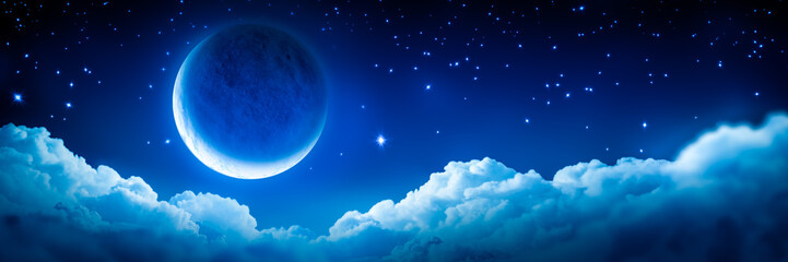 banner of bright glowing crescent moon above fluffy clouds with starry sky background
