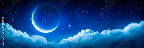 Cuadros en Lienzo Banner Of Bright Glowing Crescent Moon Above Fluffy Clouds With Starry Sky Backg