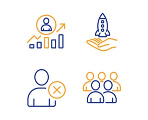 Poster - career ladder, crowdfunding and delete user icons simple set. group sign. manager results, start bus