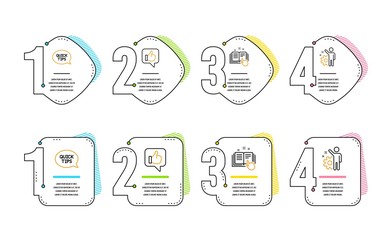 Aufkleber - Technical documentation, Quickstart guide and Like icons simple set. Employee sign. Manual, Helpful tricks, Thumbs up. Cogwheel. Technology set. Infographic timeline. Line technical documentation icon