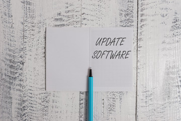 Conceptual hand writing showing Update Software. Concept meaning replacing program with a newer version of same product Square notebook fine highlighter lying on wooden background