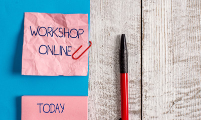 Poster - Handwriting text Workshop Online. Conceptual photo room or building in which goods are analysisufactured repaired Wrinkle paper and cardboard plus stationary placed above wooden background
