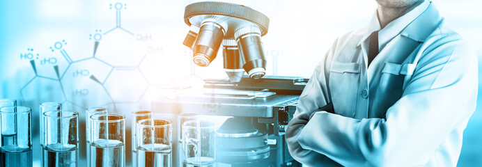 Poster - Research and development concept. Double exposure image of scientific and medical lab instrument, microscope, test tube and glass flask for microbiology and chemistry in laboratory for medicine study.