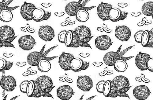 hand drawn coconuts outline sketch seamless pattern vector black ink drawing coco fruits graphic illustration isolated on white background buy this stock vector and explore similar vectors at adobe stock hand drawn coconuts outline sketch