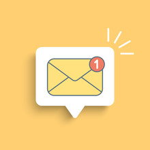 Yellow Mail Envelope On White Bubble. Mail Notification With Red Marker One Message. Delivery Of Messages, Sms. Vector Illustration In Flat Style.