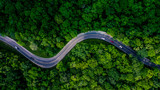 Fototapeta Uliczki - Forest Road view from above, Aerial view asphalt road in tropical tree forest with a road going through with car, Adventure in Asia background concept.