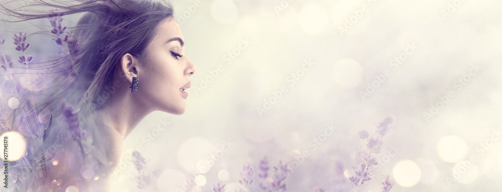 Beauty model girl with lavender flowers . Beautiful young brunette woman with flying long hair profile portrait. Fantasy watercolor - obrazy, fototapety, plakaty 