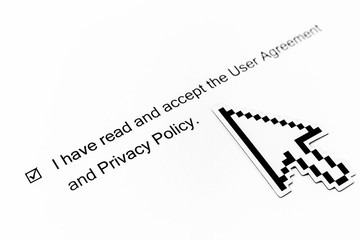 I have read and accept to the Terms of Use and Privacy Policy - checkbox with a check mark on white paper and mouse pointer. Checklist concept