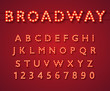 Light bulb alphabet in Broadway theatre style, vintage glowing bright letters and numbers with yellow lamps and shadows on red background. Typography vector illustration.
