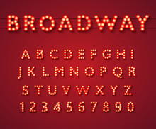 Light Bulb Alphabet In Broadway Theatre Style, Vintage Glowing Bright Letters And Numbers With Yellow Lamps And Shadows On Red Background. Typography Vector Illustration.