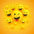© bagotaj - Various Smiling Happy Emoticons in Front of a Yellow Background, Vector Concept Illustration