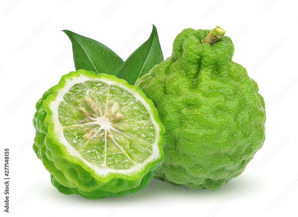 whole and half bergamot fruit with leaf isolated on white background - obrazy, fototapety, plakaty 