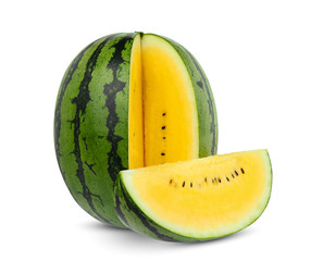 Wall Mural - whole and slice yellow watermelon isolated on white background