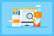 © Sammby - Seo, search engine ranking, search result displaying on computer screen, with marketing icons and elements, flat design vector banner.