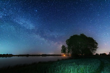 Magic Starry Night With The Galaxy Milky Way Near The River With A Large Tree
