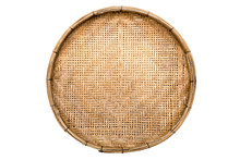 Old Weave Bamboo Wood Tray Isolated On White Background. Bamboo Basket Handmade Isolated