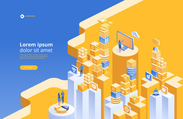 Poster - seo analytics team landing page. vector isometric illustration