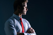 elegance caucasian Successful businessman  with beard close up wear formal white shirt red necktie grey background