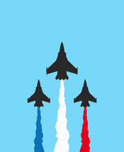 Black Military Fighters With Colored Trails On Blue Background. Jets Show Vector Illustration