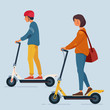 A young man and a woman ride an electric scooters