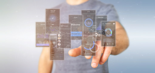 Poster - Businessman holding User interface screens with icon, stats and data 3d rendering