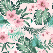 Vector Seamless Botanical Tropical Pattern With Flowers. Lush Foliage Floral Design With Monstera Leaves, Areca Palm Leaves, Fan Palm, Hibiscus Flower, Frangipani Flower. Modern Allover Background.