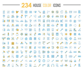 Canvas Print - House color icons big set. Household, domestic items. Plumbing, construction tools. Cleaning service, housework. Real estate, property. Home appliances and furniture. Isolated vector illustrations