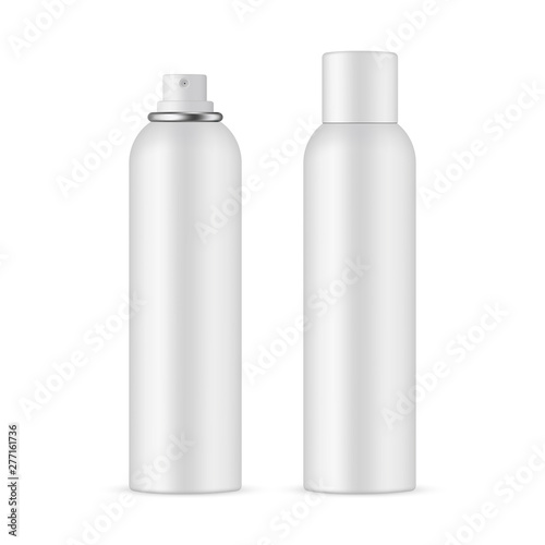 Deodorant spray bottle mockup with opened and closed cap, isolated on