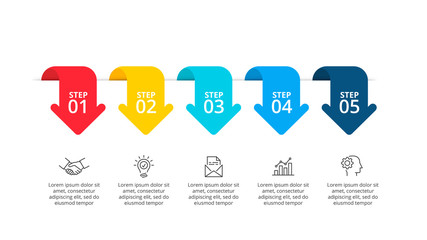 Poster - Slide with five arrows. Concept of business process with 5 options. Flat vector illustration for data visualization and analysis. Modern infographic design template.