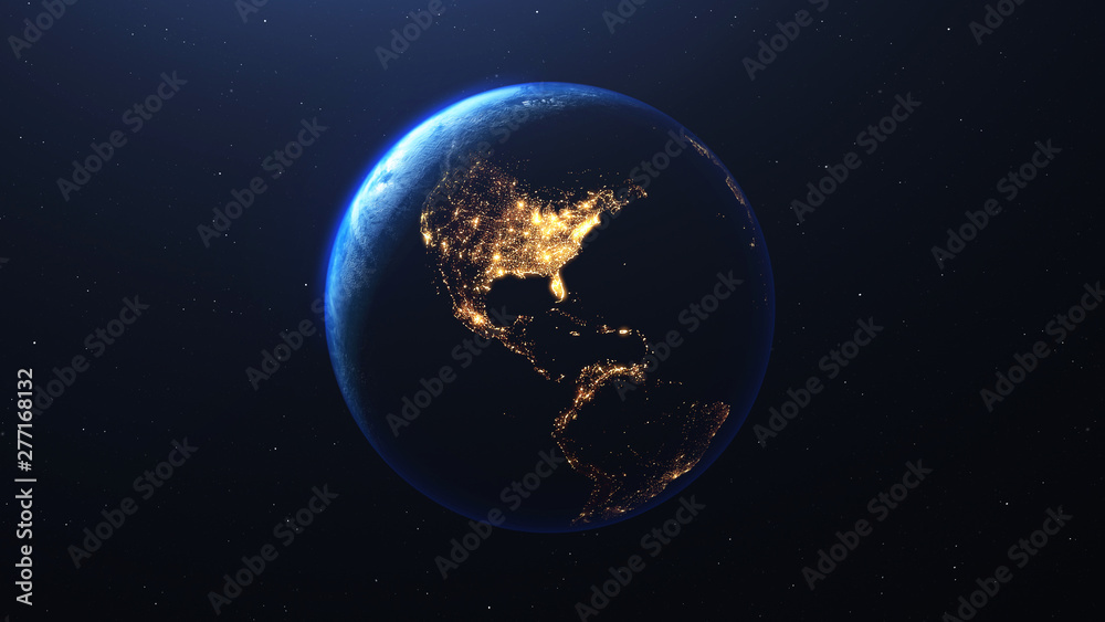 Earth planet viewed from space at night showing the lights of the ...