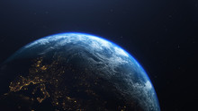 Earth Planet Viewed From Space At Night Showing The Lights Of Europe, 3d Render Of Planet Earth, Elements Of This Image Provided By NASA