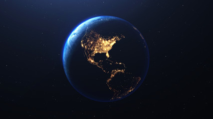 earth planet viewed from space at night showing the lights of the united states of america usa and l