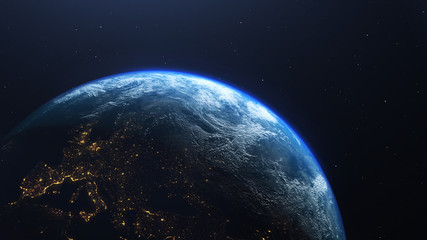 earth planet viewed from space at night showing the lights of europe, 3d render of planet earth, ele