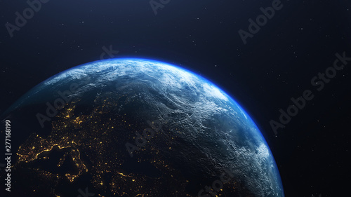 Fotografia  Earth planet viewed from space at night showing the lights of Europe, 3d render
