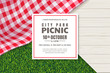Picnic poster or banner design template. Vector background with realistic red gingham tablecloth, wooden table and grass