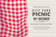 Picnic horizontal background. Vector poster, banner template with realistic red gingham tablecloth on white wooden table