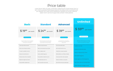 Web pricing table design for business. Vector illustration