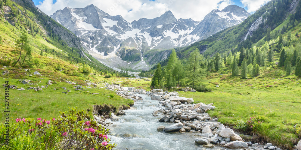 Panorama eines Wandergebietes in den Alpen mit Wildbach und Gletscher im Hintergrund - obrazy, fototapety, plakaty 
