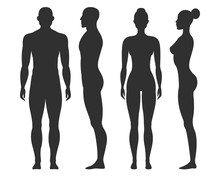 Man And Woman Silhouettes. Human Body Outline Shapes In Side And Front View. Standing Male And Female Figures Vector Isolated Set