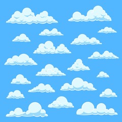 Wall Mural - cartoon white clouds. blue sky with different cloud shapes. cute summer cloudscape, cloudy landscape