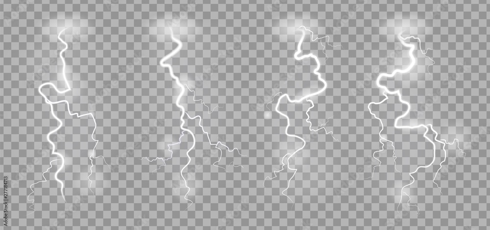 Storm lightnings. Blitz realistic electric sky lightning on transparent background with power strike effects vector illustration - obrazy, fototapety, plakaty 