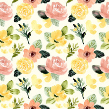 Yellow Blush Green Flower Watercolor Seamless Pattern