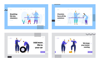 Poster - Scientists Wearing Lab Coats Conducting Experiments, Website Landing Page Set, Mechanics, Repair Service Staff with Instruments, Car Maintenance Web Page. Cartoon Flat Vector Illustration, Banner