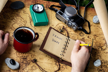 Aufkleber - Map, tea cup, expedition equipment and diary, concept, retro style